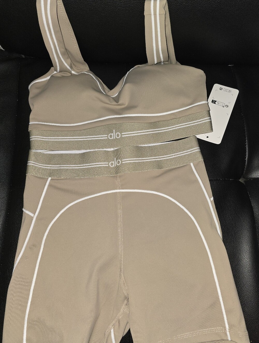 ALO Yoga Khaki Sports Bra and Shorts Set with White Trim.. Bought On TT Auction. - Picture 1 of 5